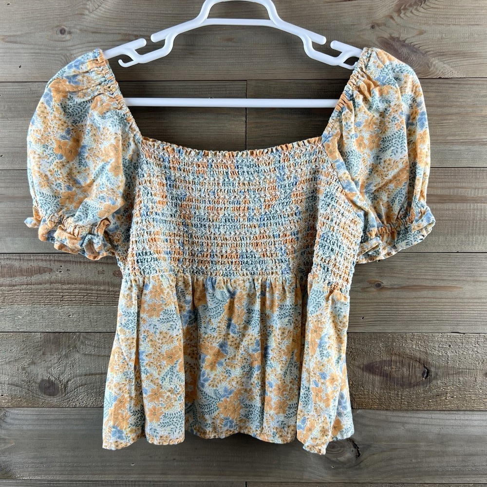 American Eagle Womens Shirt Smocked Crop Floral Puff Sleeve Boho Preppy XL - Picture 1 of 7